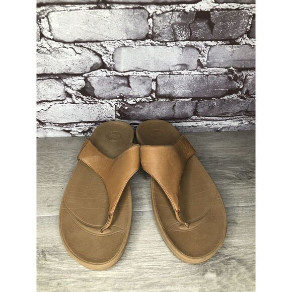 Fitflop Camel Tan Leather Flip Flop Wobble Board Sandals Women’s Sz 10M US/42EU - Picture 2 of 16